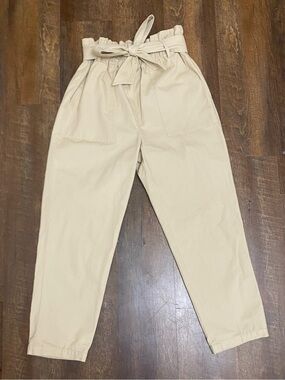 Steve Madden Beige Solid Paperbag Pants Women's 4 Cotton Twill High Rise Tie